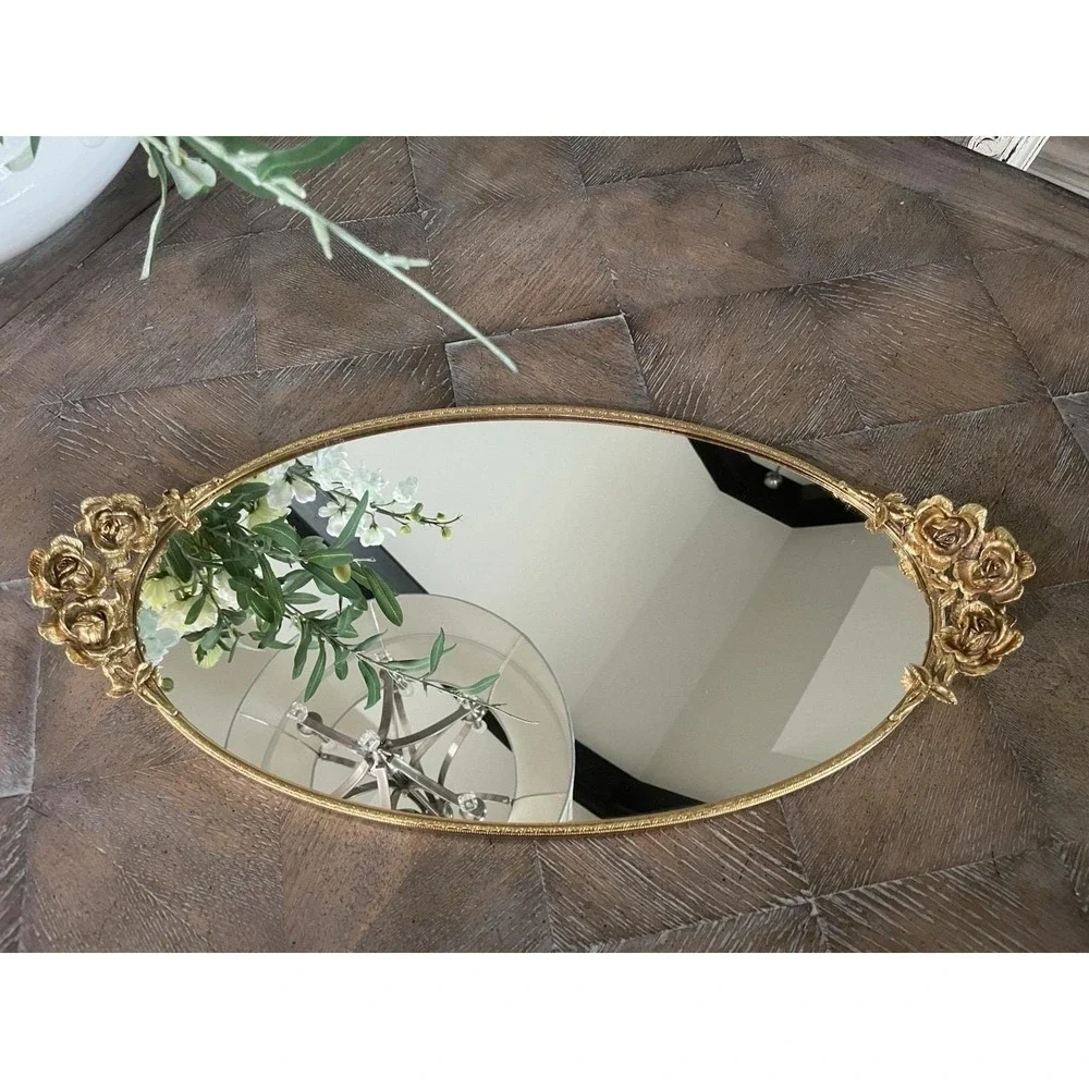 Vtg Stylebuilt Gold Ormolu Vanity Mirror Oval Tray Rose Handle Hollywood Regency